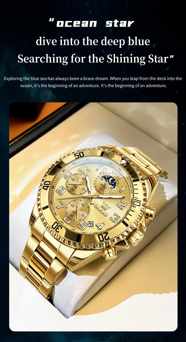 OLEV, S 2926 Men's, Luxury Brand, Waterproof, Calendar Moon Phase, Top Fashion, Stainless Steel Quartz, Chronograph Watch