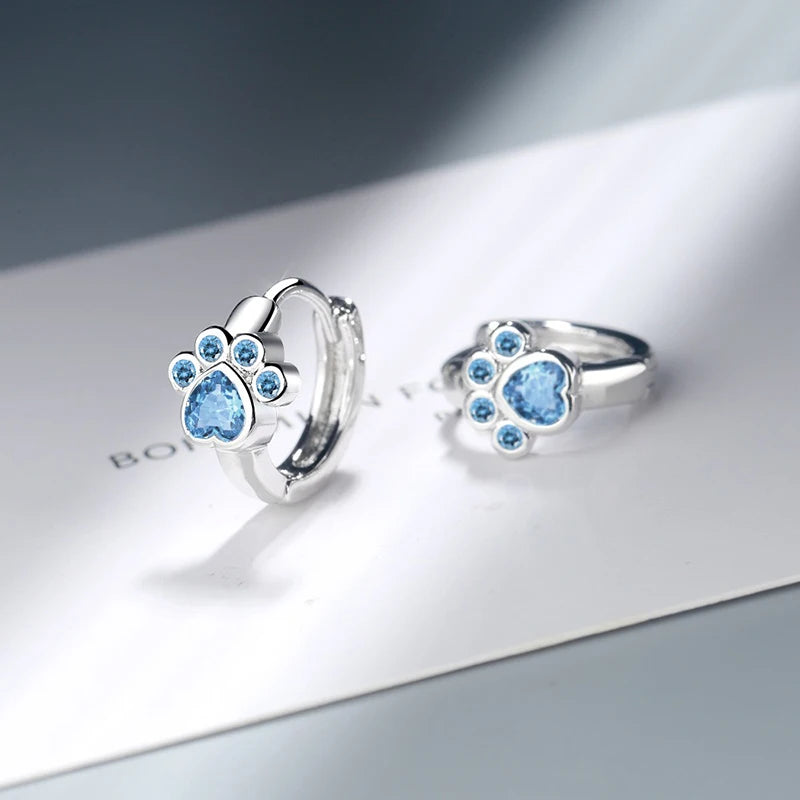 Genuine 9.25 Sterling Silver Zirconia Dog Paw Hoop Earrings for Women