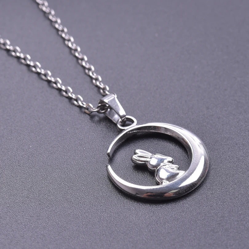 Stainless Steel, Kawaii Animal Rabbit Moon Pendant Necklaces For Women And Men. Please Invite,(Those Who Can), To Adopt Rabbits With This Gift Invitation.. Thank You!