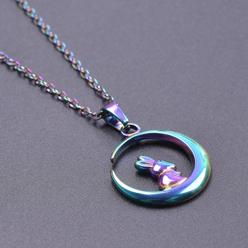 Stainless Steel, Kawaii Animal Rabbit Moon Pendant Necklaces For Women And Men. Please Invite,(Those Who Can), To Adopt Rabbits With This Gift Invitation.. Thank You!