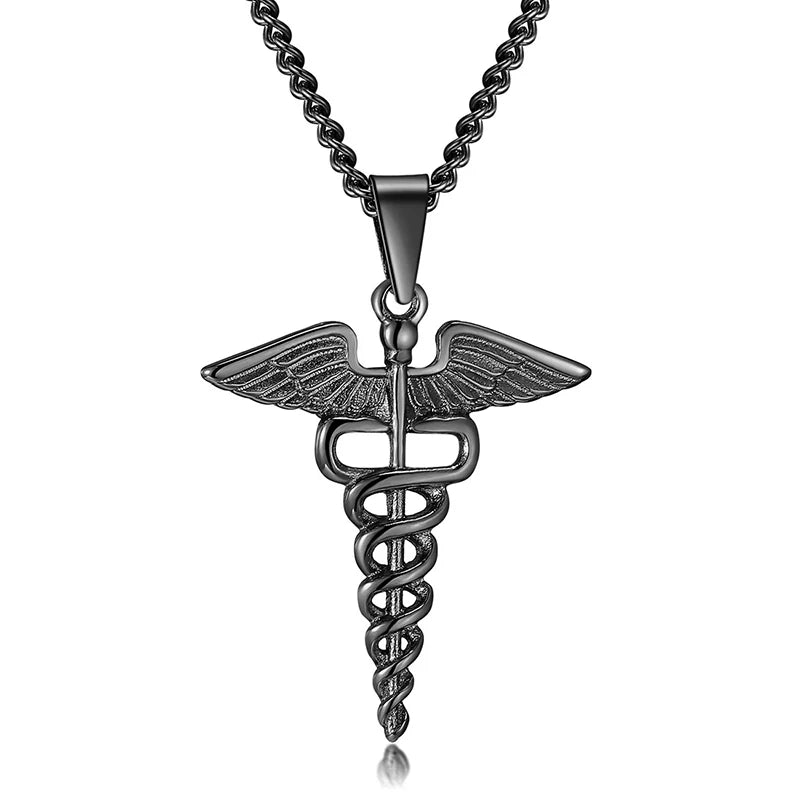 Medical Stainless Steel, Double Snake Wings Pendant Necklace Gift For Medical Professionals
