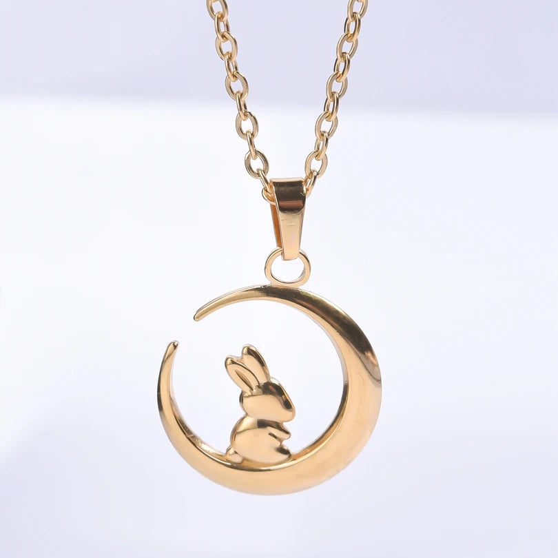 Stainless Steel, Kawaii Animal Rabbit Moon Pendant Necklaces For Women And Men. Please Invite,(Those Who Can), To Adopt Rabbits With This Gift Invitation.. Thank You!