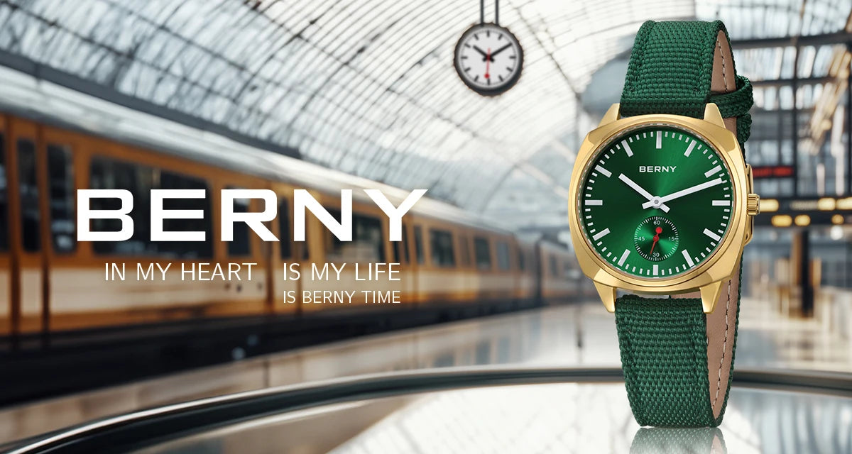 BERNY Gold Watch for Women Canvas Railway Watch Green Dial Ladies Wristwatch Quartz Pillow Watch Casual Fashion Ladies Watch