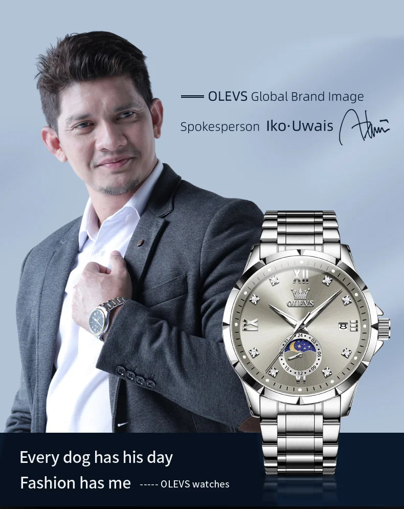 OLEV'S 2956 Men's, Luxury Brand, Waterproof, Calendar Moon Phase, Top Fashion, Stainless Steel Quartz, Chronograph Watch