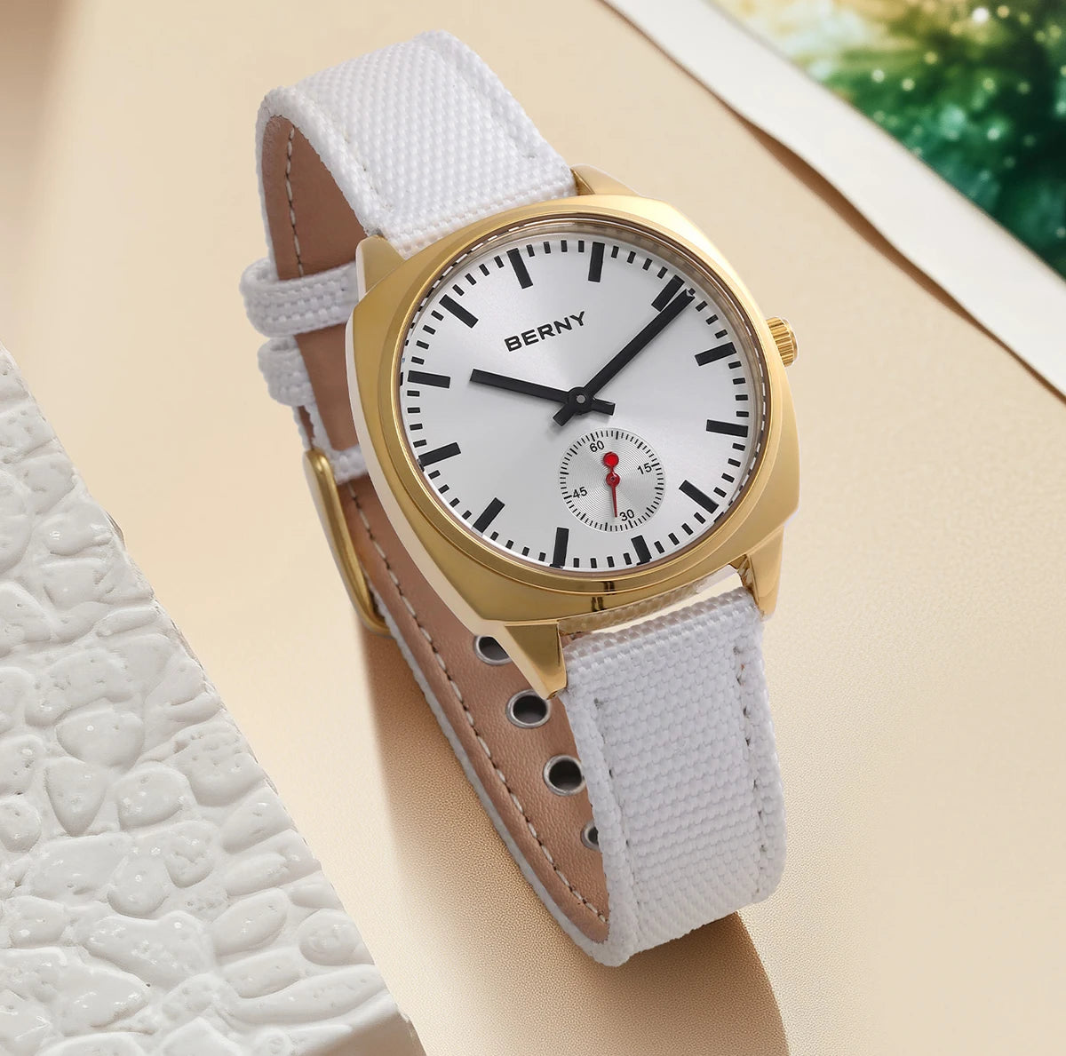 BERNY Gold Watch for Women Canvas Railway Watch Green Dial Ladies Wristwatch Quartz Pillow Watch Casual Fashion Ladies Watch