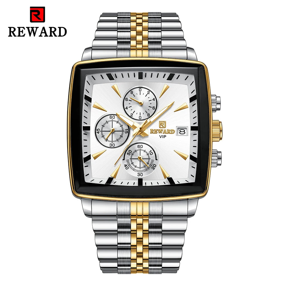 Men's Blue Luxury, Rectangular Business Quartz Wristwatch, Waterproof, with Luminous Hands, By REWARD