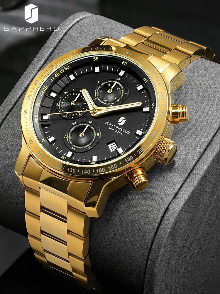 SAPPHERO, Luxury Brands, Gold Plated Stainless Steel, Men’s, Elegant, Waterproof, Quartz Watch…Perfect For That First Date