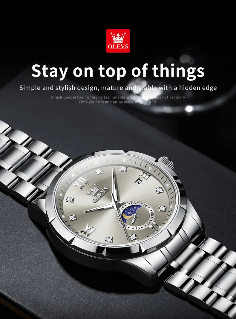 OLEV'S 2956 Men's, Luxury Brand, Waterproof, Calendar Moon Phase, Top Fashion, Stainless Steel Quartz, Chronograph Watch
