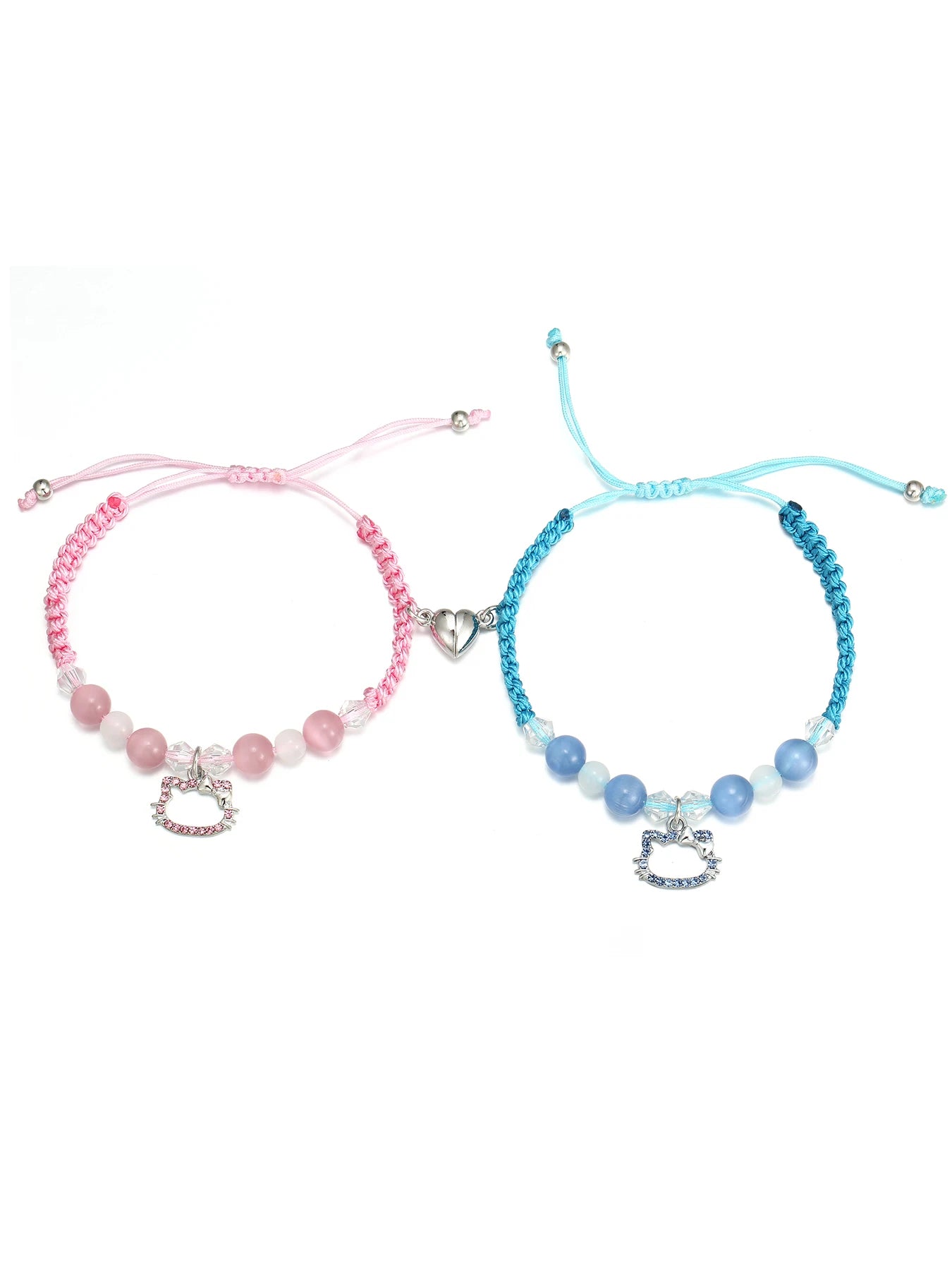 2 Pc Pink And Blue, String Spider And Cat, Heart Shaped Magnetic Couple's Bracelets
