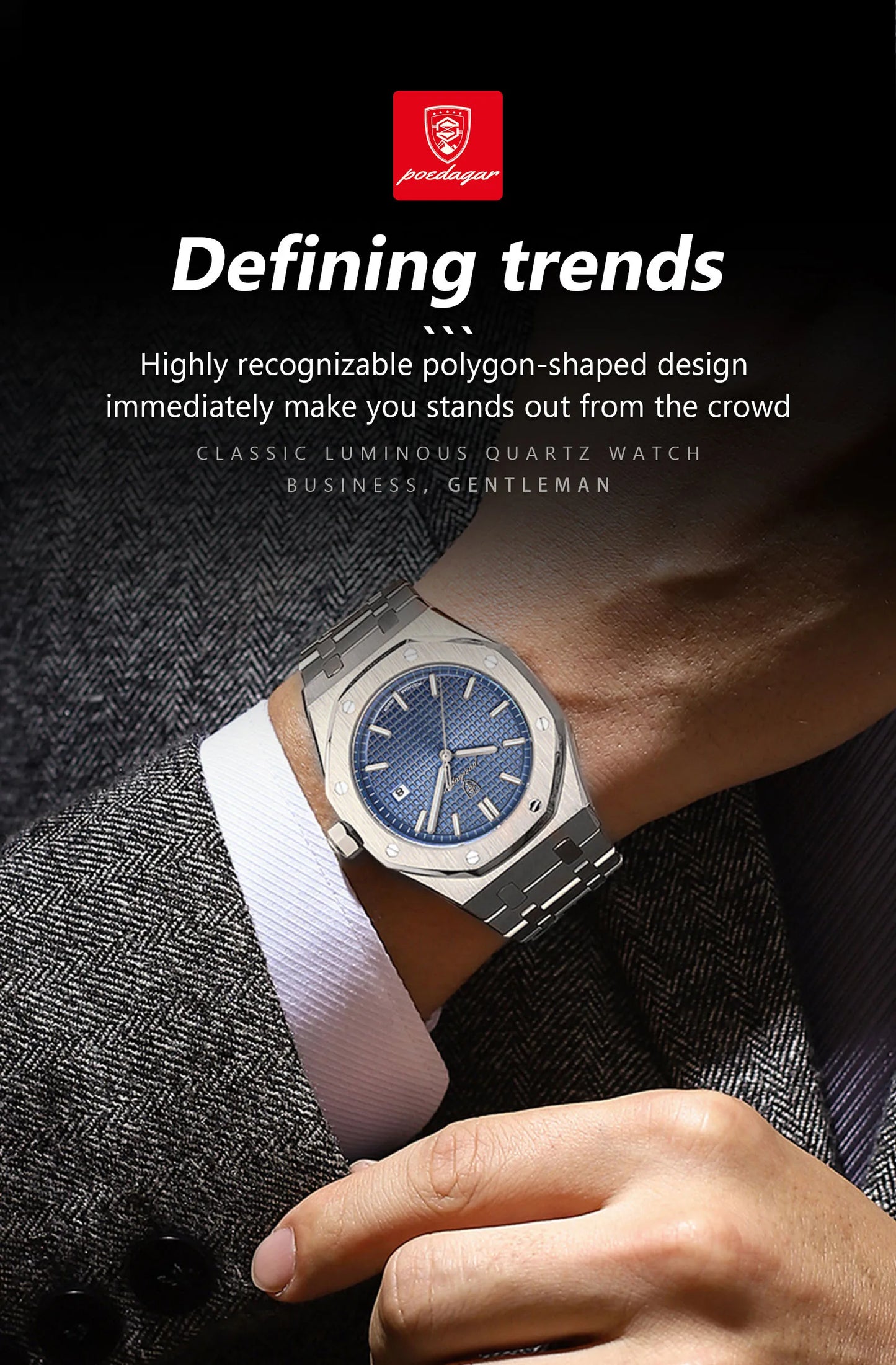 NEW!!! Fine Steel, Original Quartz, Luminous Date, Waterproof, Fashionable Classic Wristwatch, By POEDAGAR