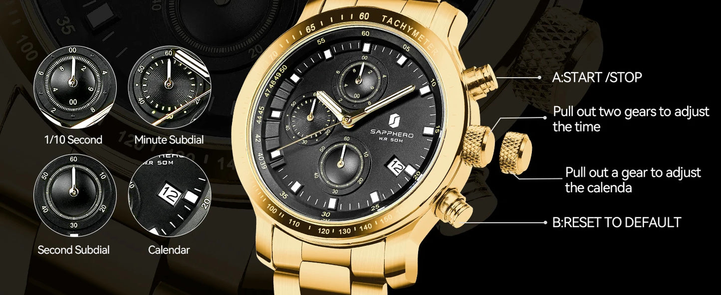 SAPPHERO, Luxury Brands, Gold Plated Stainless Steel, Men’s, Elegant, Waterproof, Quartz Watch…Perfect For That First Date
