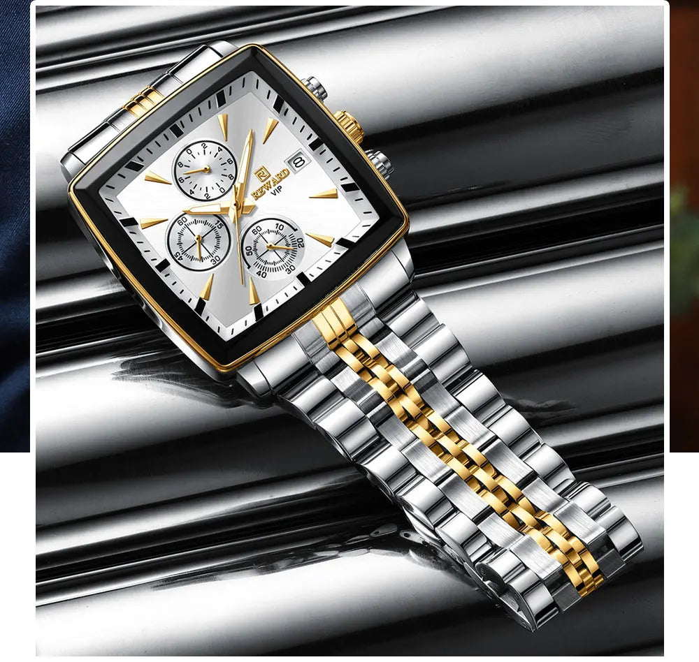 Men's Blue Luxury, Rectangular Business Quartz Wristwatch, Waterproof, with Luminous Hands, By REWARD