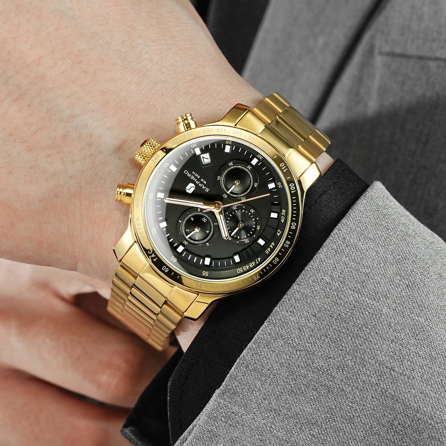 SAPPHERO, Luxury Brands, Gold Plated Stainless Steel, Men’s, Elegant, Waterproof, Quartz Watch…Perfect For That First Date