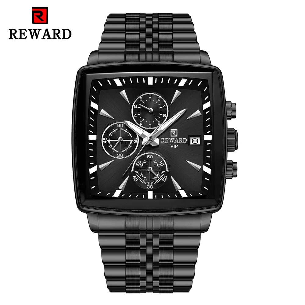 Men's Blue Luxury, Rectangular Business Quartz Wristwatch, Waterproof, with Luminous Hands, By REWARD