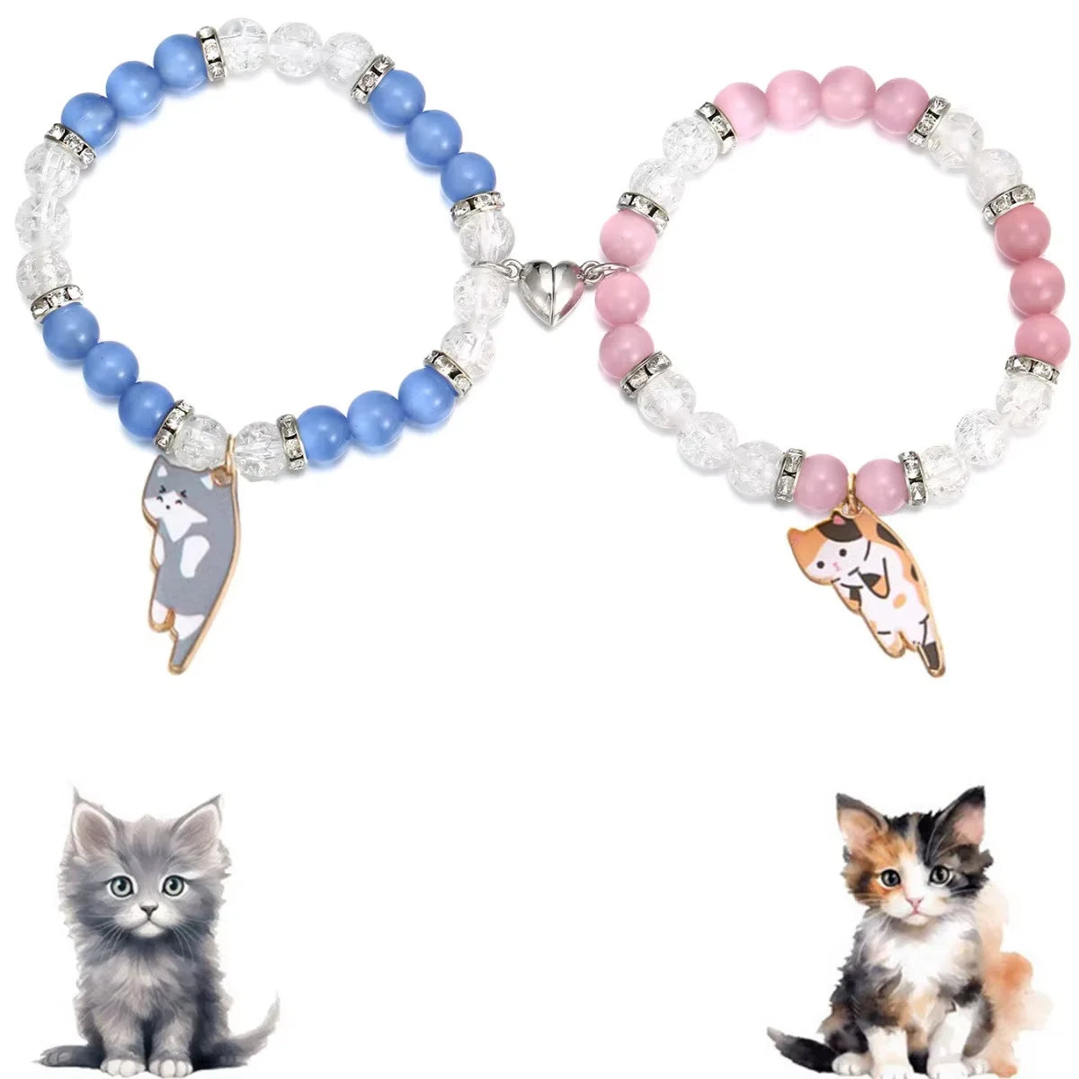 His & Hers, Blue and Pink, Cute, Cat Heart Shaped Bracelets