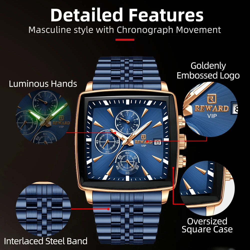 Men's Blue Luxury, Rectangular Business Quartz Wristwatch, Waterproof, with Luminous Hands, By REWARD