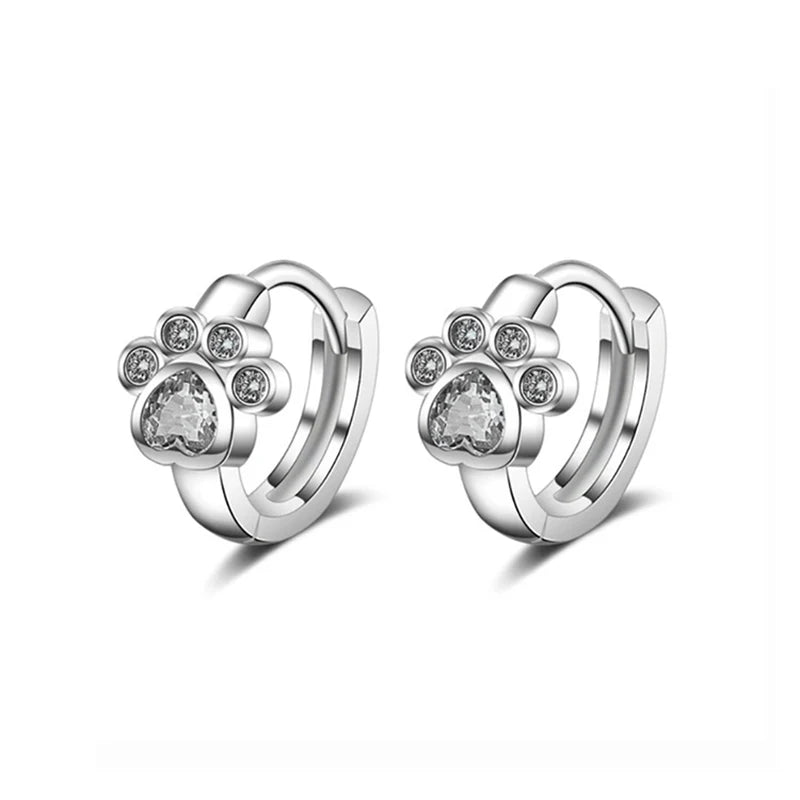 Genuine 9.25 Sterling Silver Zirconia Dog Paw Hoop Earrings for Women