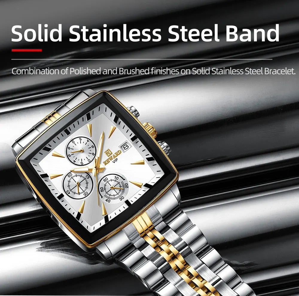 Men's Blue Luxury, Rectangular Business Quartz Wristwatch, Waterproof, with Luminous Hands, By REWARD