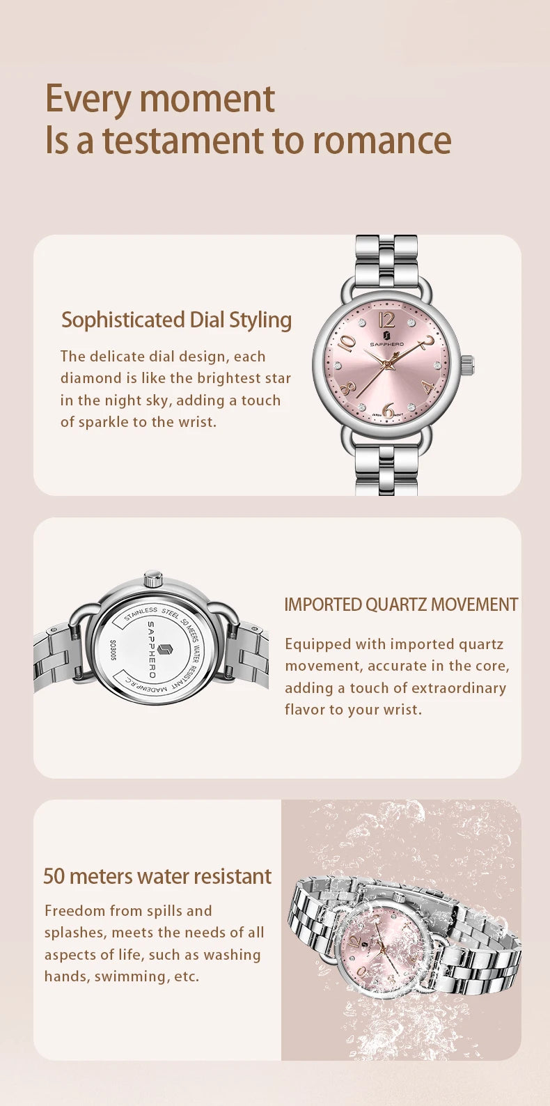 SAPPHERO’S, Women's Fashion, Versatile, Stainless Steel, Fashion versatile, Light luxury, Ultra-Thin Watch