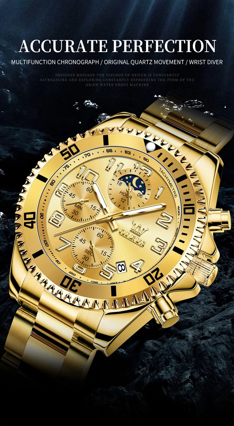 OLEV, S 2926 Men's, Luxury Brand, Waterproof, Calendar Moon Phase, Top Fashion, Stainless Steel Quartz, Chronograph Watch