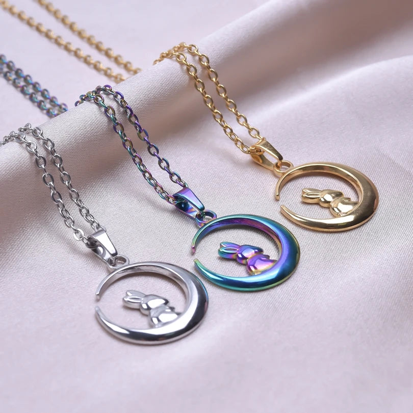 Stainless Steel, Kawaii Animal Rabbit Moon Pendant Necklaces For Women And Men. Please Invite,(Those Who Can), To Adopt Rabbits With This Gift Invitation.. Thank You!