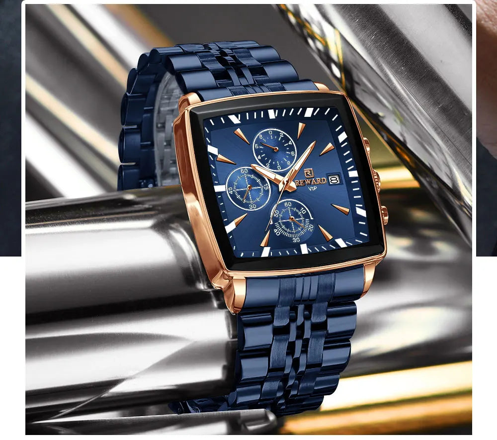 Men's Blue Luxury, Rectangular Business Quartz Wristwatch, Waterproof, with Luminous Hands, By REWARD