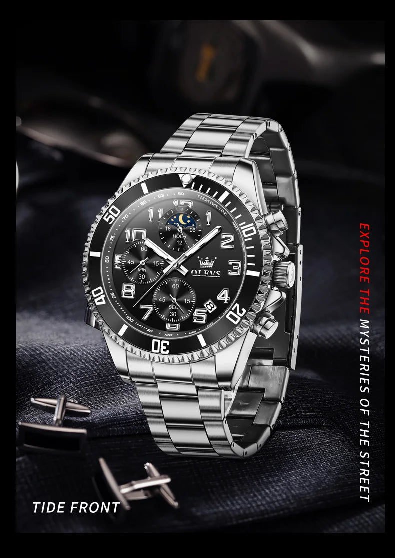 OLEV, S 2926 Men's, Luxury Brand, Waterproof, Calendar Moon Phase, Top Fashion, Stainless Steel Quartz, Chronograph Watch