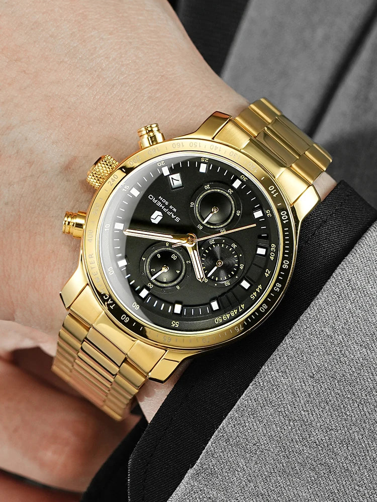 SAPPHERO, Luxury Brands, Gold Plated Stainless Steel, Men’s, Elegant, Waterproof, Quartz Watch…Perfect For That First Date