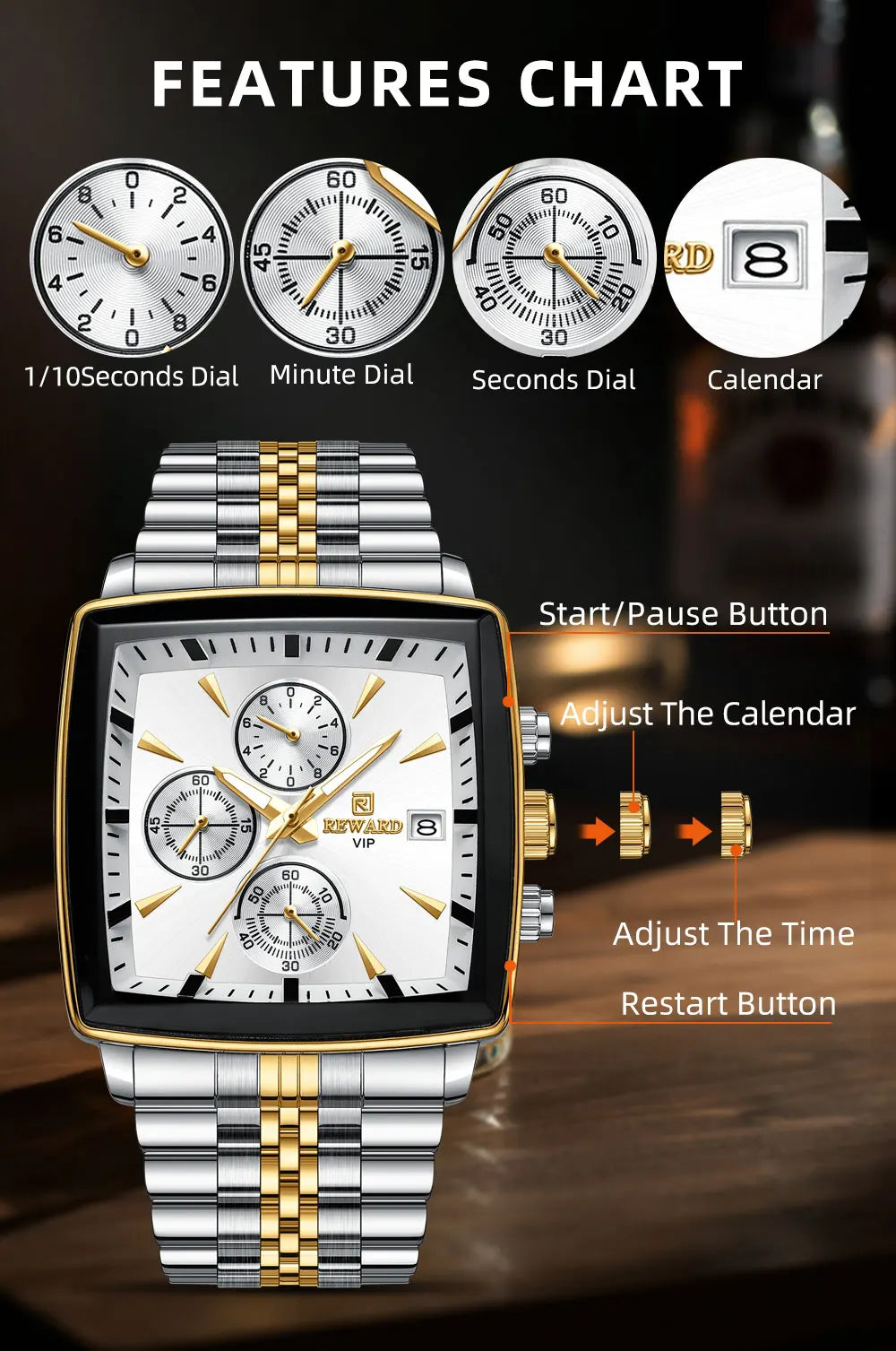 Men's Blue Luxury, Rectangular Business Quartz Wristwatch, Waterproof, with Luminous Hands, By REWARD