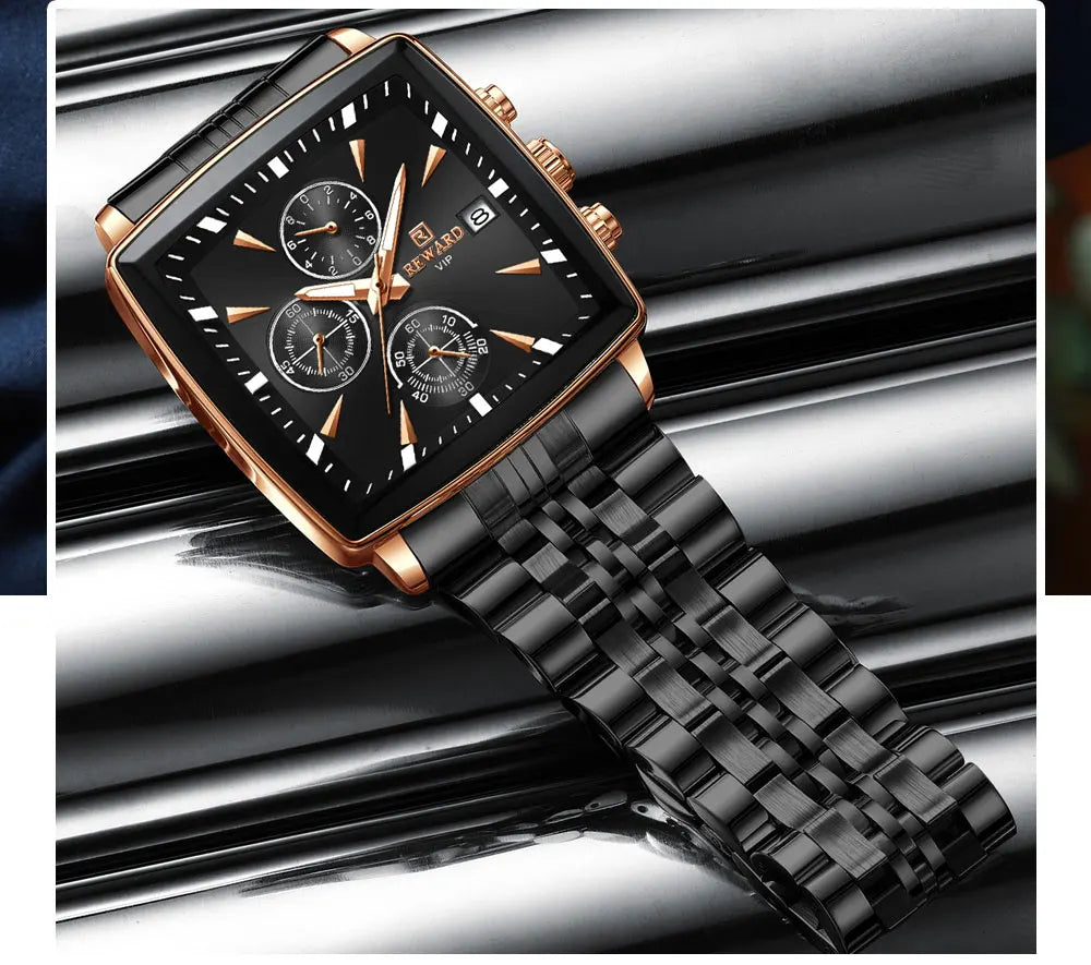 Men's Blue Luxury, Rectangular Business Quartz Wristwatch, Waterproof, with Luminous Hands, By REWARD