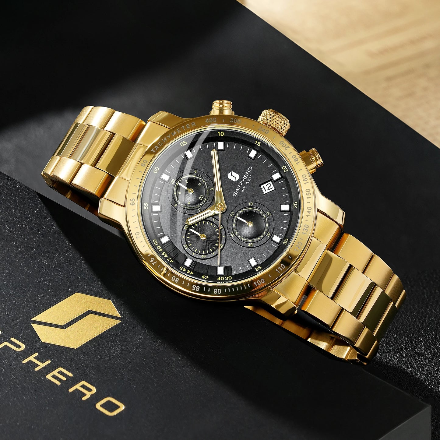 SAPPHERO, Luxury Brands, Gold Plated Stainless Steel, Men’s, Elegant, Waterproof, Quartz Watch…Perfect For That First Date