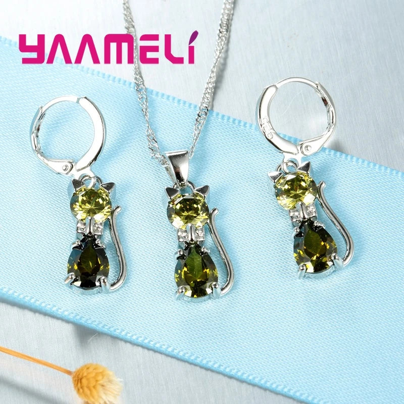 Real 925 Sterling Silver, Austrian Crystal, Cat Necklace
