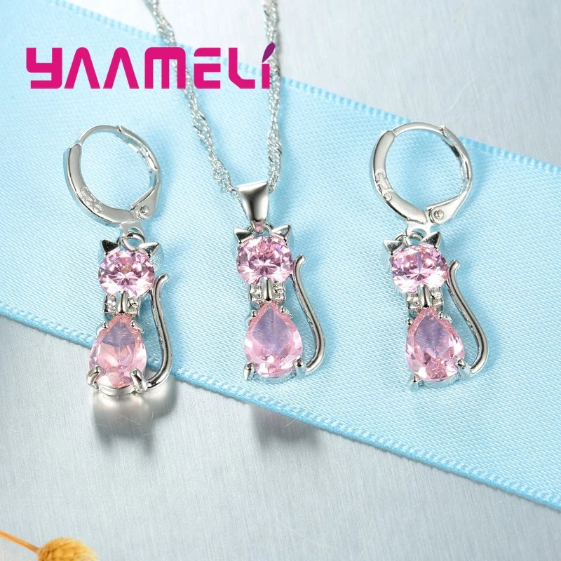 Real 925 Sterling Silver, Austrian Crystal, Cat Necklace