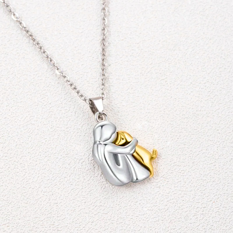 Cute, Two-Tone Girl Hugging Dog Necklace