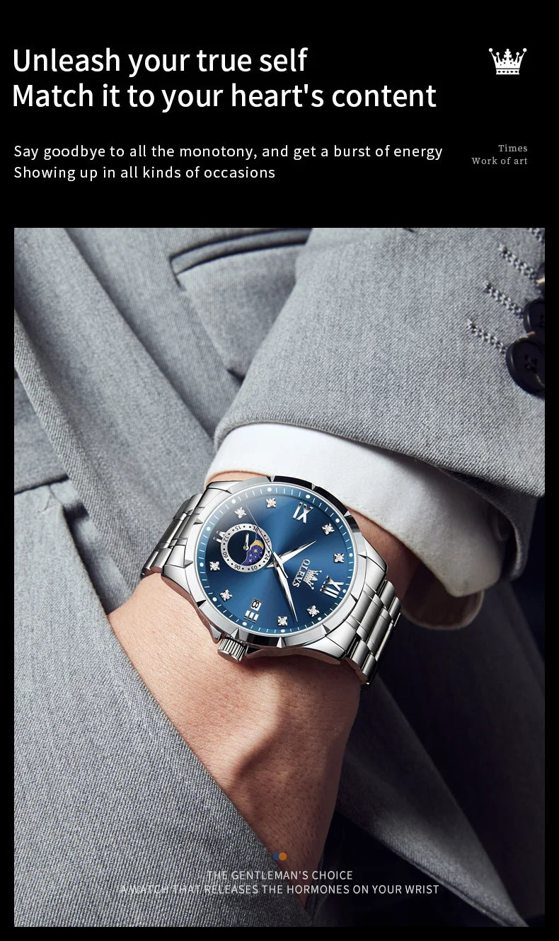 OLEV'S 2956 Men's, Luxury Brand, Waterproof, Calendar Moon Phase, Top Fashion, Stainless Steel Quartz, Chronograph Watch