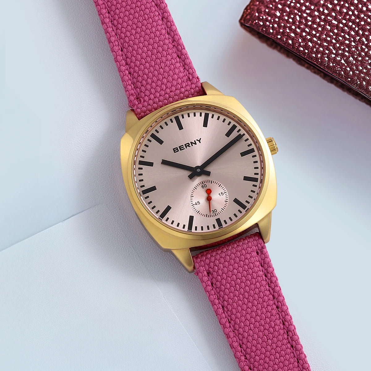 BERNY Gold Watch for Women Canvas Railway Watch Green Dial Ladies Wristwatch Quartz Pillow Watch Casual Fashion Ladies Watch