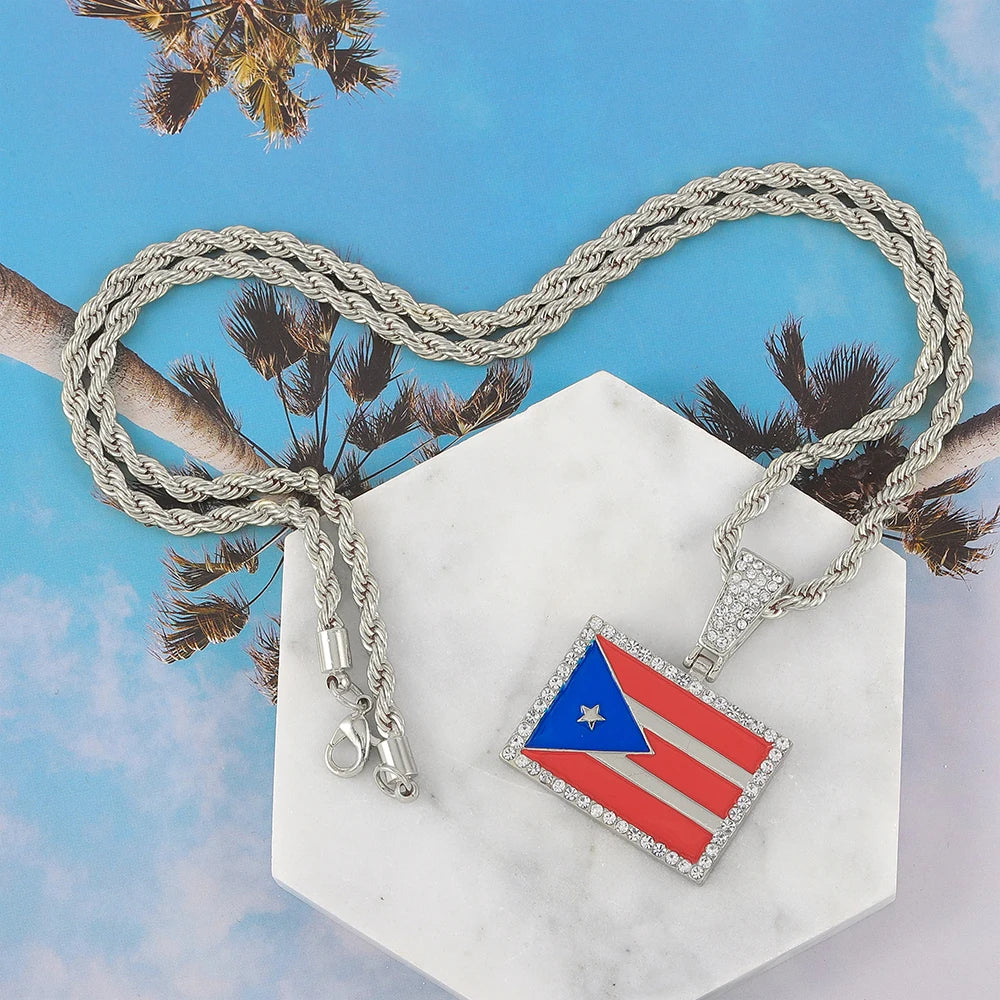 New Heart Puerto Rico Map/Flag Pendant Necklace With Imitation Rhinestones & 4mm Rope Link Chain, Stylish Jewelry For Men & Women