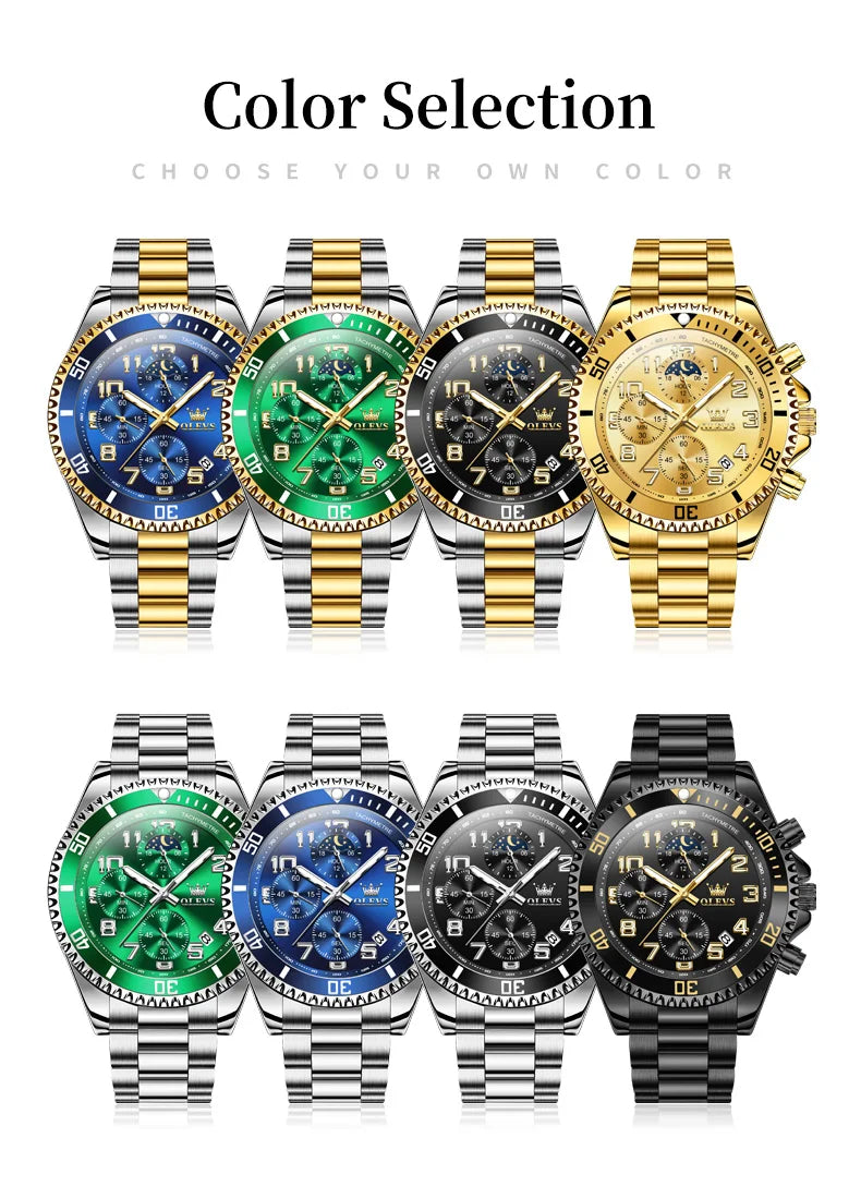 OLEV, S 2926 Men's, Luxury Brand, Waterproof, Calendar Moon Phase, Top Fashion, Stainless Steel Quartz, Chronograph Watch