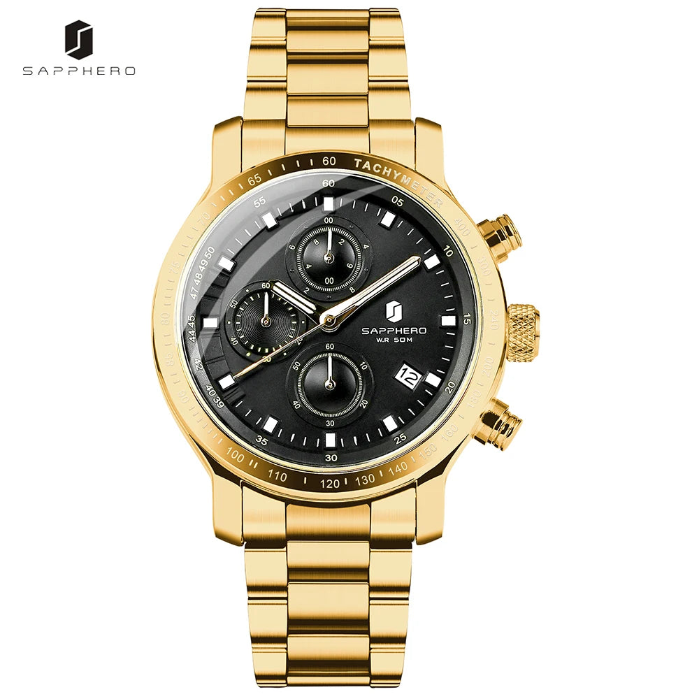 SAPPHERO, Luxury Brands, Gold Plated Stainless Steel, Men’s, Elegant, Waterproof, Quartz Watch…Perfect For That First Date