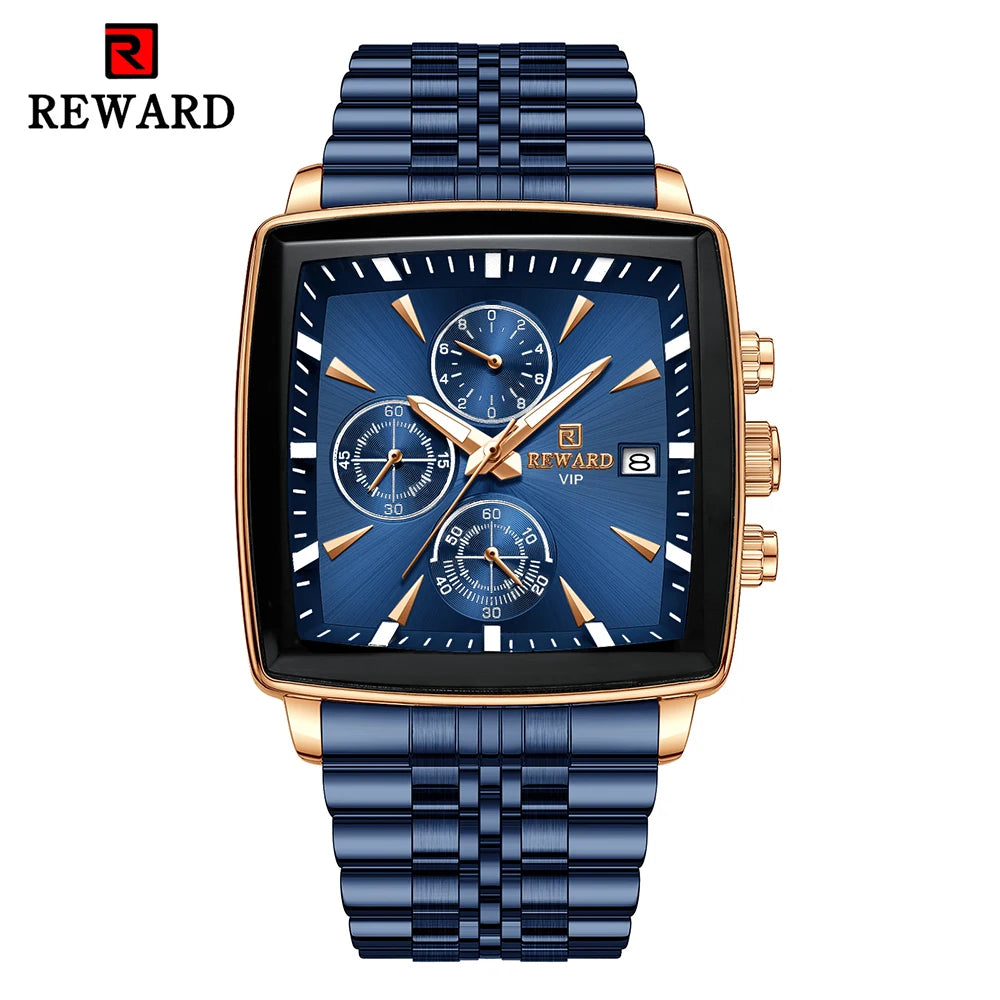 Men's Blue Luxury, Rectangular Business Quartz Wristwatch, Waterproof, with Luminous Hands, By REWARD