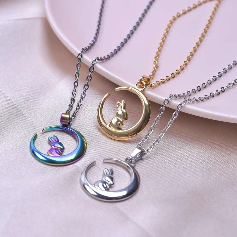 Stainless Steel, Kawaii Animal Rabbit Moon Pendant Necklaces For Women And Men. Please Invite,(Those Who Can), To Adopt Rabbits With This Gift Invitation.. Thank You!