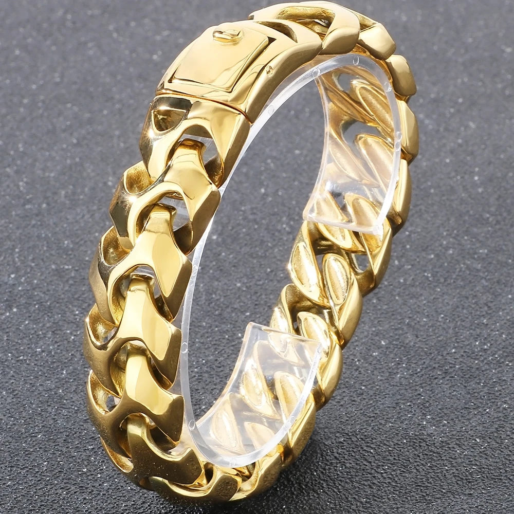 Cool Solid Stainless-Steel 18MM Width, Keel Cuban Chain Bracelets For Men