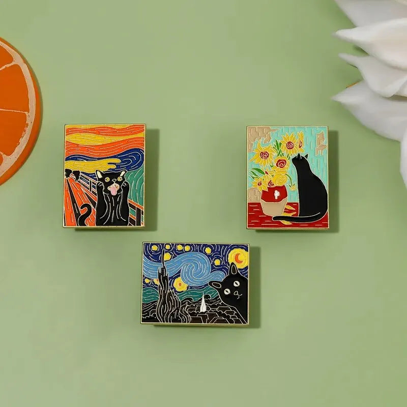 3pc Cats In Oil Paintings, Enamel Pins...(Click On Specs To Magnify).