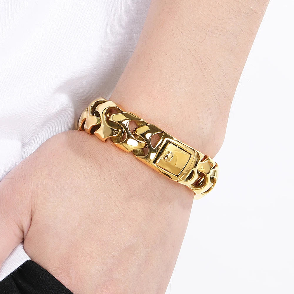 Cool Solid Stainless-Steel 18MM Width, Keel Cuban Chain Bracelets For Men