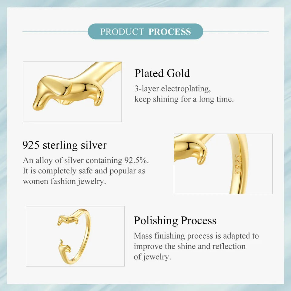 Genuine, 9.25 Sterling Silver, Cute Dachshund Dog Adjustable Ring, by WOSTU