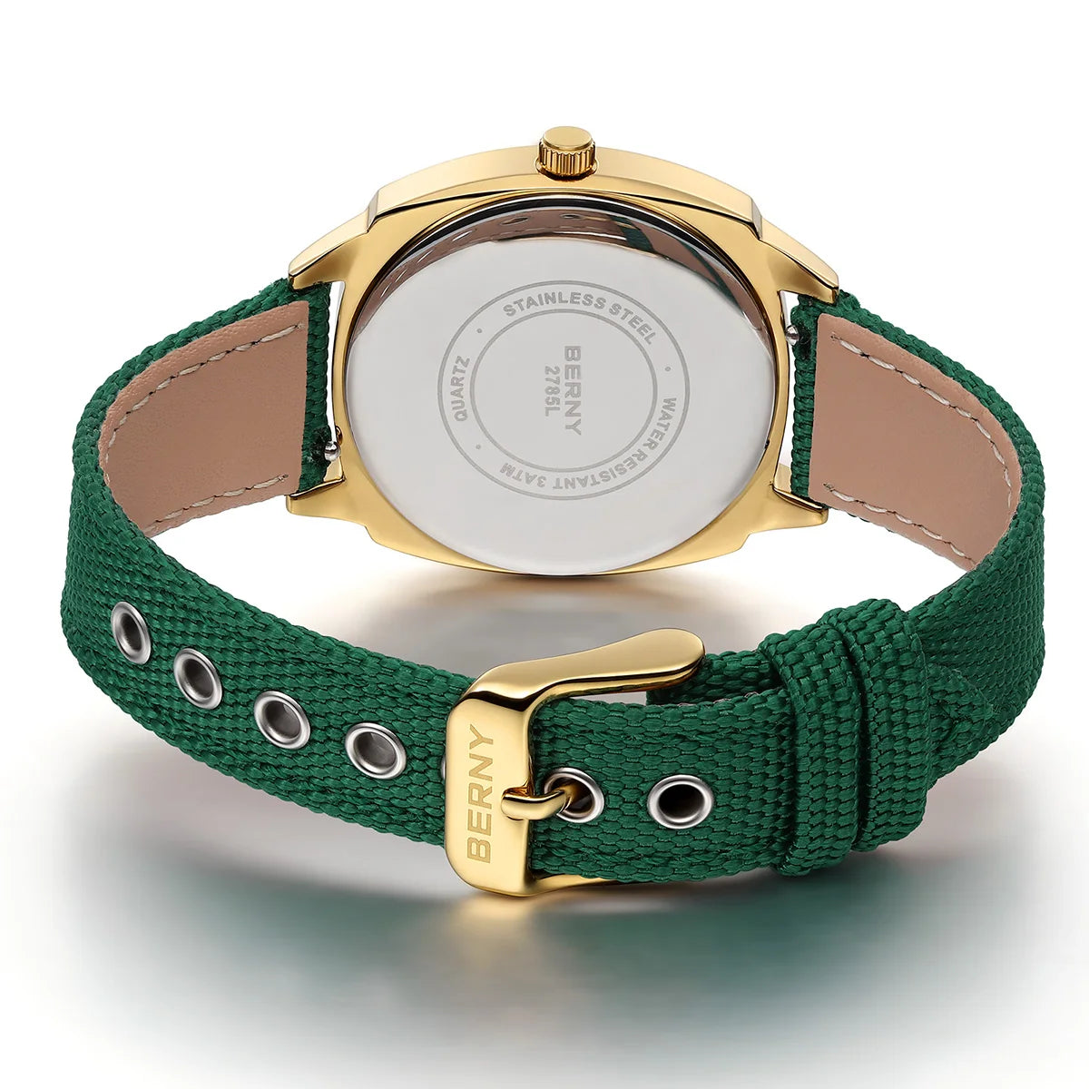 BERNY Gold Watch for Women Canvas Railway Watch Green Dial Ladies Wristwatch Quartz Pillow Watch Casual Fashion Ladies Watch