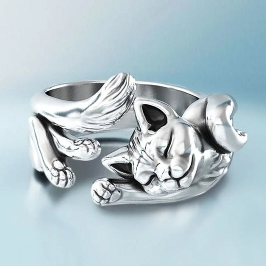 Fortune Cat, Delicate Silver Color Finger Ring