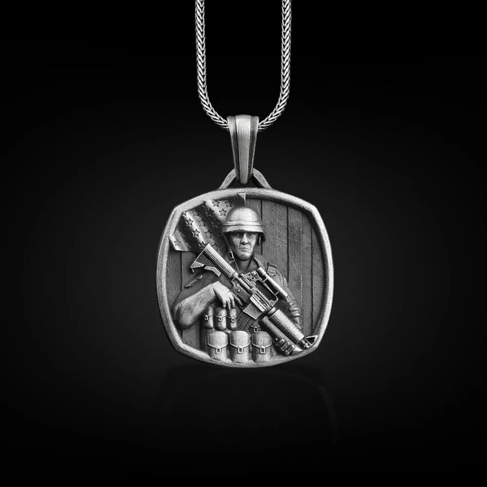 Men's Army Pendant Necklace Hip Hop Stainless Steel Chain Tin Charm Jewelry for Halloween