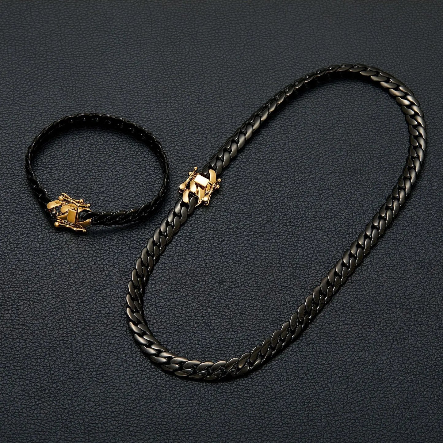 Tactical Weave Jewelry Set, Black Titanium Chain & Bracelet, Military-Grade Coating
