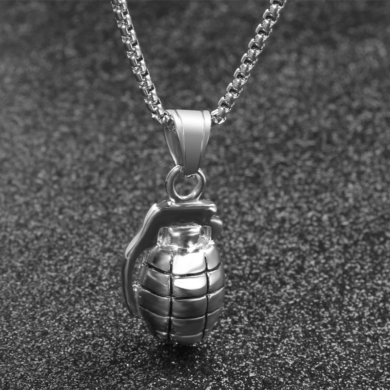 Stainless Steel, Military Men's, Hand Grenade Warrior Necklace